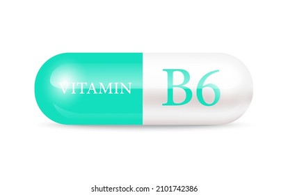 Capsule vitamin B6 (Thiamine) structure green, white. Vitamin complex with chemical formula. Drug business concept. Personal care, beauty concept. 3D Vector Illustration. transparent capsule pill.