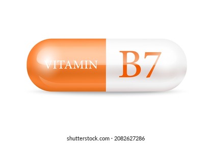 Capsule vitamin B7 structure orange and white . Beauty concept. 3D Vector Illustration. transparent capsule pill. Drug business concept.  Vitamin complex with chemical formula. Personal care.