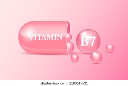 Capsule vitamin B7 structure pink and white with circular bubbles flowing out. Beauty concept. Personal care. 3D Vector Illustration. transparent capsule pill. Drug business concept.
