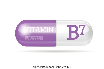 Capsule of vitamin B7, Thiamine, structure Purple, white. 3D Vitamin complex with chemical formula. Personal care, beauty concept, pill transparent capsule. Drug business concept. Vector illustration