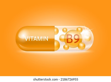 Capsule vitamin B9 structure orange and white It's transparent and vitamin pill is on inside. Beauty concept. Personal care. 3D Vector Illustration. transparent capsule pill. Drug business concept.