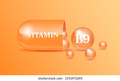 Capsule vitamin B9 structure orange and white with circular bubbles flowing out. Beauty concept. Personal care. 3D Vector Illustration. transparent capsule pill. Drug business concept.