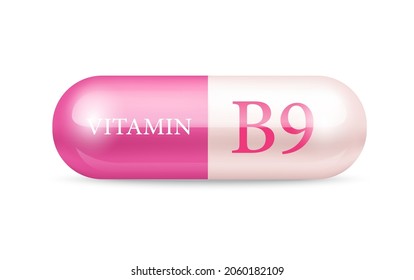 Capsule vitamin B9 structure Pink and white. transparent capsule pill. Drug business concept. 3D Vitamin complex with chemical formula. Personal care, beauty concept. Vector Illustration. 