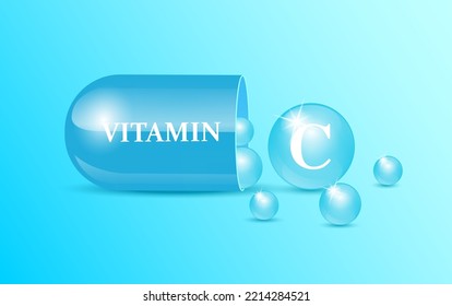 Capsule vitamin C structure blue and white with circular bubbles flowing out blue background. Beauty concept. Personal care. 3D Vector Illustration. transparent capsule pill. Drug business concept.