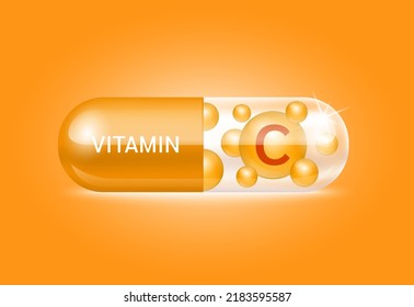 Kapsel Vitamin C Struktur orange und weiß Es ist transparent und Vitamintablette ist innen. Schönheitskonzept. Persönliche Betreuung. 3D-Vektorgrafik. durchsichtige Kapselpille. Konzept des Drogenhandels.