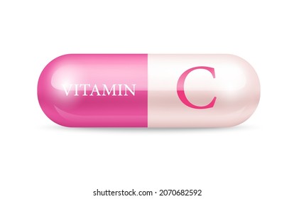 Capsule vitamin C structure Pink and white. Vector Illustration. transparent capsule pill. Drug business concept. 3D Vitamin complex with chemical formula. Personal care, beauty concept. 