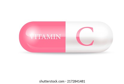Capsule vitamin C structure pink and white. Beauty concept. Personal care. 3D Vector Illustration. transparent capsule pill. Drug business concept. Vitamin complex with chemical formula.