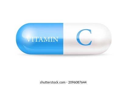 Capsule vitamin C (Thiamine) structure Blue, white. 3D Vitamin complex with chemical formula. Personal care, beauty concept. Vector Illustration. transparent capsule pill. Drug business concept.