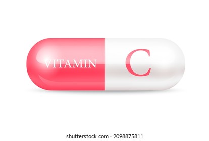 Capsule vitamin C (Thiamine) structure pink red, white. 3D Vitamin complex with chemical formula. Drug business concept. Personal care, beauty concept. Vector Illustration. transparent capsule pill.