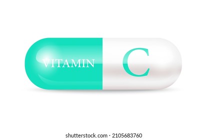 Estructura verde y blanca de la vitamina C de la cápsula (Thiamina). Complejo de vitamina con fórmula química. Concepto de negocio de drogas. Cuidados personales, concepto de belleza. Ilustración de vectores 3D. píldora transparente de la cápsula.