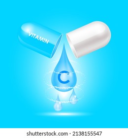 Estructura de la vitamina C (Thiamina) Azul, blanco abierto como gota de agua. Ilustración de vectores 3D. Concepto de negocio de drogas. Cuidados personales, concepto de belleza. Complejo de vitamina con fórmula química.