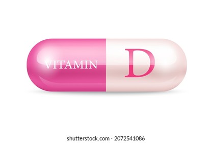 Kapselvitamin-D-Struktur Rosa und weiß. Schönheitskonzept. Vektorgrafik. durchsichtige Kapselpille. Konzept des Drogenhandels. 3D Vitamin-Komplex mit chemischer Formel. Persönliche Betreuung.