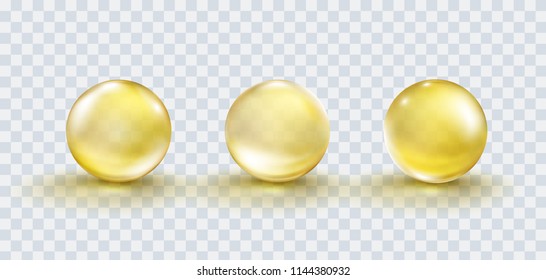 Capsule of vitamin E, A or golden oil pill set isolated on transparent background. Gold bubble, yellow glass ball template collection. Vector serum drop or collagen essence with shadow.