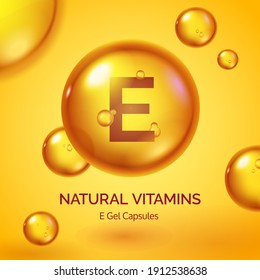 Capsule With Vitamin E. Realistic Gold Pill. Cosmetic Skin Care Product Poster With Oil Drops And Bubbles. Beauty And Health Vector Concept. Medical Supplement, Organic Tablet Treatment
