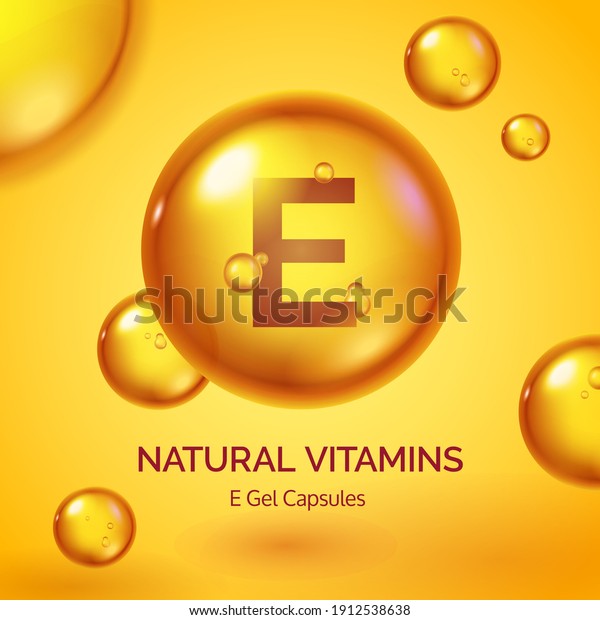 Capsule with vitamin E. Realistic gold pill.\
Cosmetic skin care product poster with oil drops and bubbles.\
Beauty and health vector concept. Medical supplement, organic\
tablet treatment