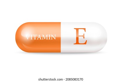 Capsule vitamin E structure orange and white . Beauty concept. 3D Vector Illustration. transparent capsule pill. Drug business concept.  Vitamin complex with chemical formula. Personal care.