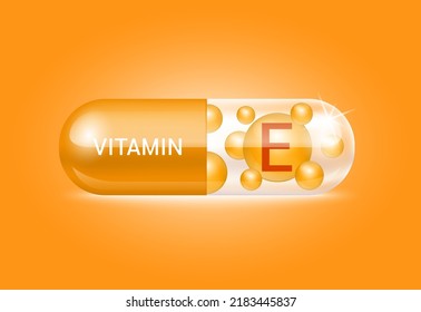 Capsule vitamin E structure orange and white It's transparent and vitamin pill is on inside. Beauty concept. Personal care. 3D Vector Illustration. transparent capsule pill. Drug business concept.