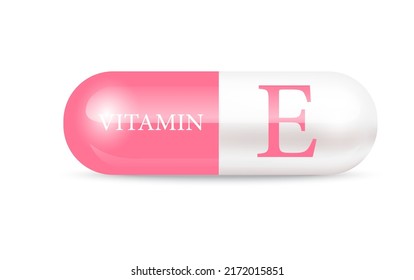 Kapselvitamin E besteht aus rosa und weiß. Schönheitskonzept. Persönliche Betreuung. 3D-Vektorgrafik. durchsichtige Kapselpille. Konzept des Drogenhandels. Vitamin-Komplex mit chemischer Formel.