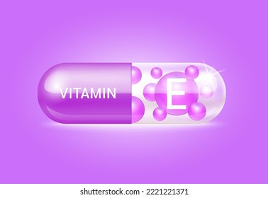Estructura de la vitamina E de la cápsula púrpura y blanca Es transparente y la píldora vitamínica está en el interior. Concepto de belleza. Atención personal. Ilustración de vectores 3D. medicamento transparente en cápsulas. Concepto de negocio de drogas