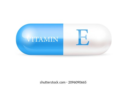 Capsule vitamin E (Thiamine) structure Blue, white. 3D Vitamin complex with chemical formula. Personal care, beauty concept. Vector Illustration. transparent capsule pill. Drug business concept.