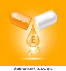 Capsule vitamin E (Thiamine) structure orange, white open as drop of water. 3D Vector Illustration. Drug business concept. Personal care, beauty concept. Vitamin complex with chemical formula.