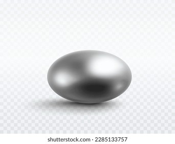 Cápsula de vitamina aislada sobre un fondo transparente. Plantilla de burbuja de metal estético. Icono de la píldora de gel de plata. Perla ovalada de acero vectorial