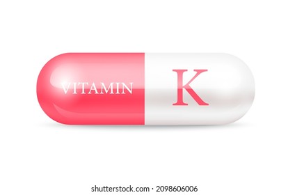 Capsule vitamin K (Thiamine) structure pink red, white. 3D Vitamin complex with chemical formula. Drug business concept. Personal care, beauty concept. Vector Illustration. transparent capsule pill.
