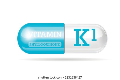 Capsule of vitamin K1 blue-white structure. 3D Vitamin complex with chemical formula. Personal care, beauty concept. copy space. Vector illustration