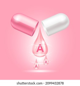 Capsule vitamin A (Thiamine) structure pink, white open as drop of water A-shaped. Vitamin complex with chemical formula. Drug business concept. Personal care, beauty concept. 3D Vector Illustration. 