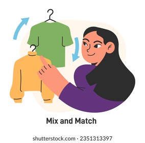 Capsule wardrobe. Character mixing and matching sets of clothes, making combination of basic apparel. Modern sustainable fashion and minimalism. Flat vector illustration