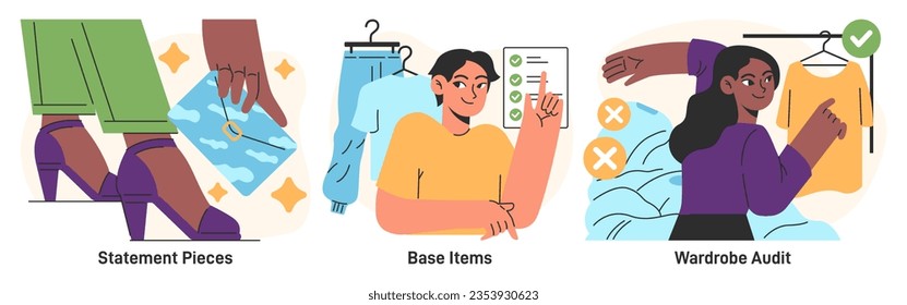 Capsule wardrobe set. Character choose or collect sets of clothes, making combination of basic apparel. Modern sustainable fashion and minimalism. Flat vector illustration