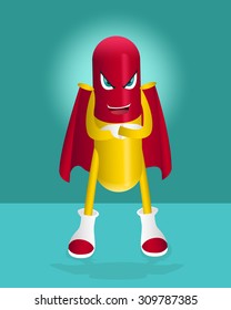 capsuleman standing and cross one's arm on green background