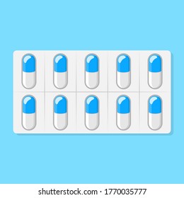 Capsules in a blister. Medicine flat vector illustration
