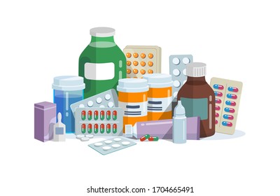 Capsules, blisters and glass bottles with medicine vector illustration. Plastic tubes with caps and pills flat style design. Drug medication and healthcare concept. Isolated on white background