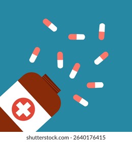 Capsules, blisters and glass bottles with medicine vector illustration. Plastic tubes with caps and pills flat style design. Drug medication and healthcare concept. Isolated on white background