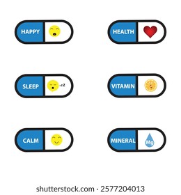Capsules with different words and symbols on them