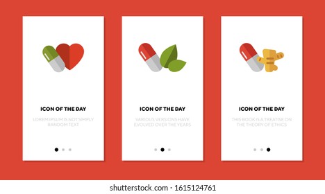 Capsules flat vector icon set. Pills and heart, leaves isolated outline sign pack. Treatment concept. Vector illustration symbol elements for web design and apps.