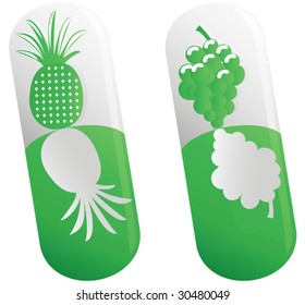 Capsules with grapes and pineapple, green color of life, isolated on white