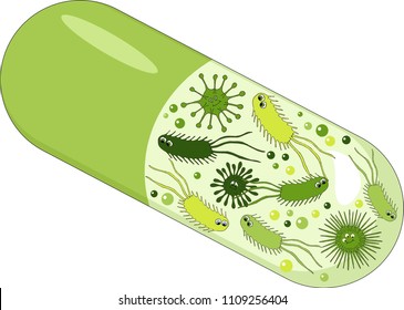 Capsules with green probiotics bacteria. Concept of healthy nutrition ingredient for therapeutic purposes.