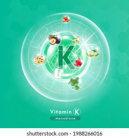 Capsules of Green vitamin K, Complex with Chemical formula. Fruits and vegetables that neutralize free radicals. Anti aging beauty enhancement concept and health care medical. 3D Vector EPS10.