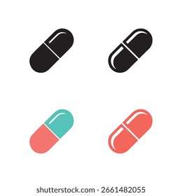 Capsules illustration featuring black, red, and teal colored pill icons isolated on white background. Minimalist design for medical, health or pharmaceutical concept.