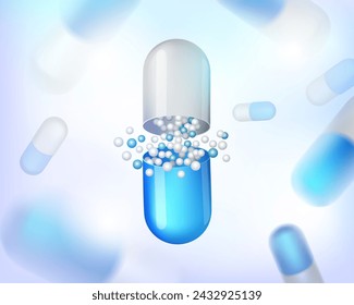 Capsules for info graphic. Painkillers, antibiotics, vitamins, amino acids, minerals, bio active additive, sports nutrition. Icons of medicament. Medical illustration on blue background.