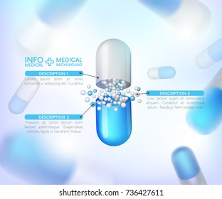 capsules info graphic. Painkillers, antibiotics, vitamins, amino acids, minerals, bio active additive, sports nutrition. Icons of medicament. Medical illustration on blue background. 