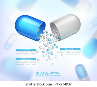capsules info graphic. Painkillers, antibiotics, vitamins, amino acids, minerals, bio active additive, sports nutrition. Icons of medicament. Medical illustration on blue background.