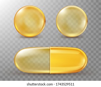 Capsules with oil, gold round and oval pills isolated on transparent background. Cosmetics, vitamin, omega 3 golden bubbles, antibiotic gel, serum droplets or collagen essence, realistic 3d vector set
