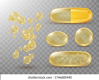 Capsules with oil, gold round and oval pills and filler bubbles isolated on transparent backdrop. Cosmetics, vitamin, omega 3, antibiotic gel, serum droplets, collagen essence, realistic 3d vector set