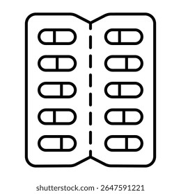 Capsules pack thin line icon, pharmacy concept. Vector graphics. Packaging for capsules, medicine sign on white background, style mobile or design