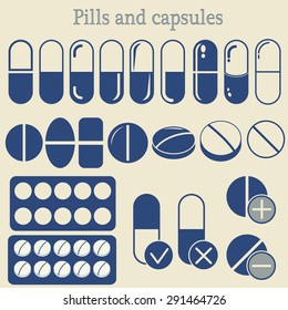 Capsules and Pill set, Medicine Tablet icon collection, healthcare, drugs, medicament - vector illustration