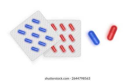 Cápsulas e Comprimidos Vermelho e Azul Medicação em Blister Packs Vetor formato
