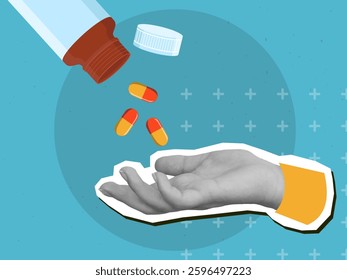 Capsules pills spill out of the jar into black and white hand. Modern collage style. Vector illustration